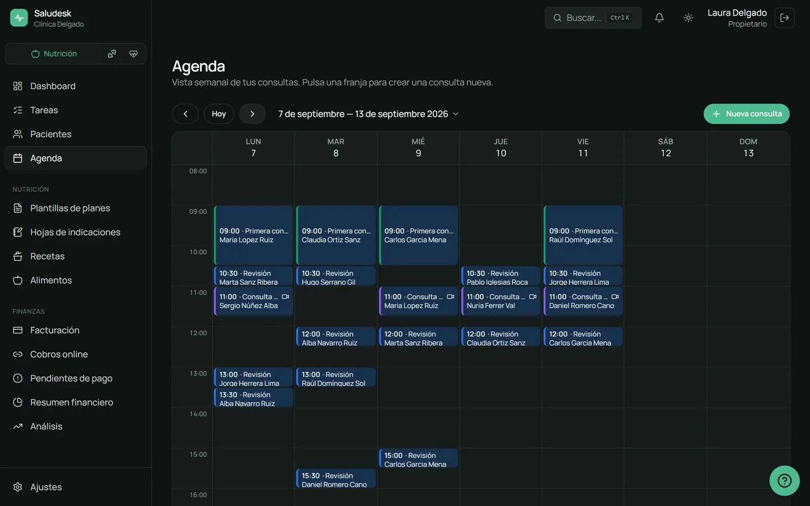 Agenda semanal de Saludesk con primeras consultas, revisiones y consultas online repartidas de lunes a viernes entre las 9:00 y las 16:00