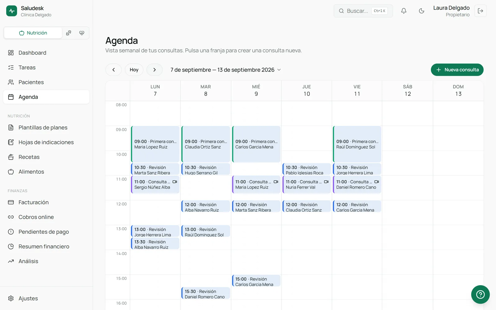 Agenda semanal de Saludesk con primeras consultas, revisiones y consultas online repartidas de lunes a viernes entre las 9:00 y las 16:00