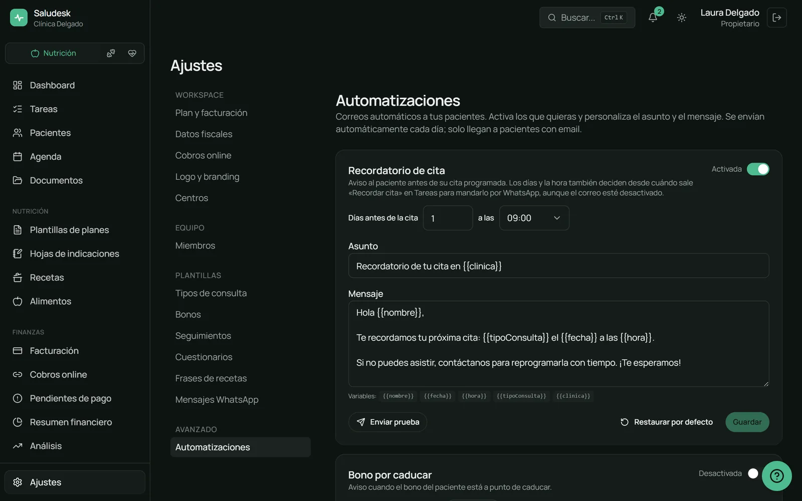 Ajustes de Saludesk con el recordatorio automático de cita activado