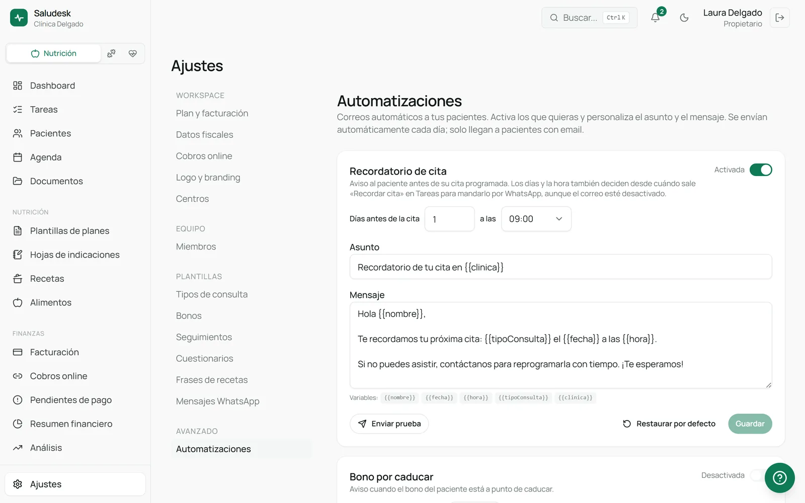 Ajustes de Saludesk con el recordatorio automático de cita activado