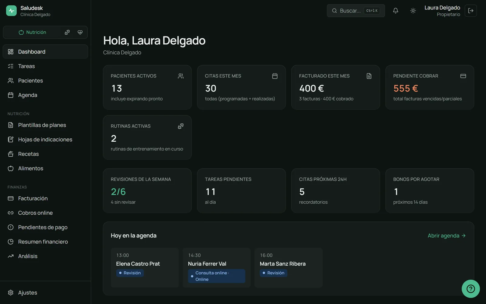 Panel de inicio de Saludesk: pacientes activos, citas del mes, facturado y pendiente de cobro, revisiones de la semana y la agenda de hoy