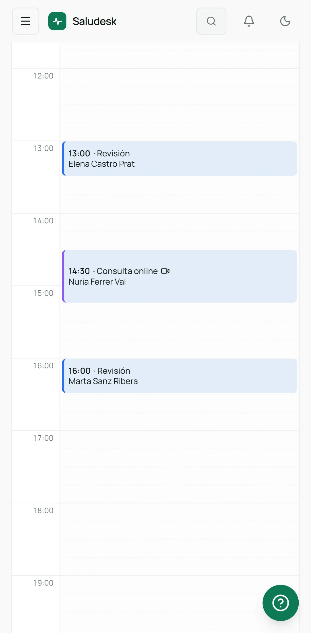 Saludesk en el móvil: agenda en vista de día con una revisión a las 13:00, una consulta online a las 14:30 y otra revisión a las 16:00