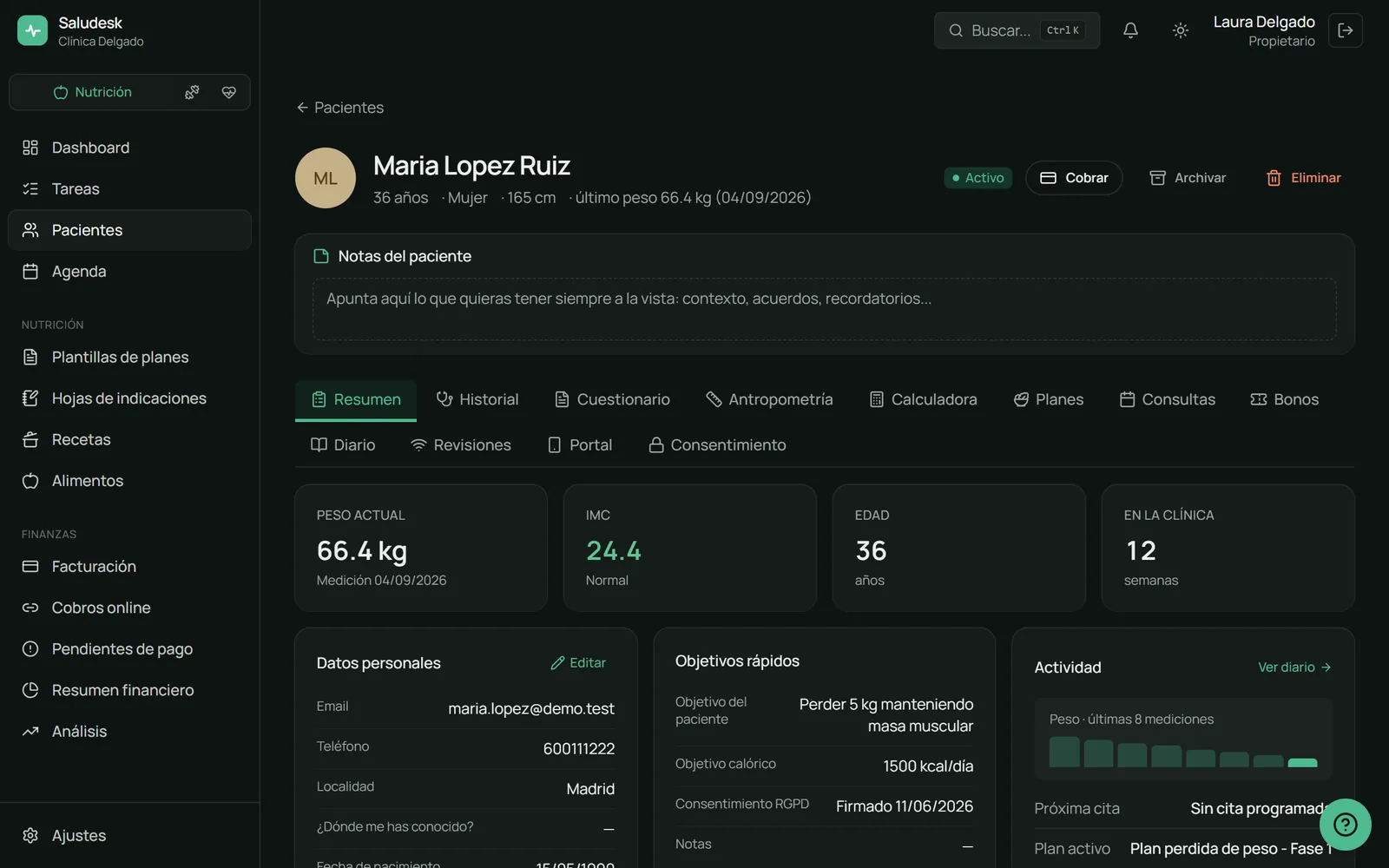 Ficha de paciente en Saludesk: notas, pestañas de historial, cuestionario, antropometría, calculadora, planes, consultas, bonos, diario, revisiones y portal, con peso actual, IMC, datos personales y objetivos