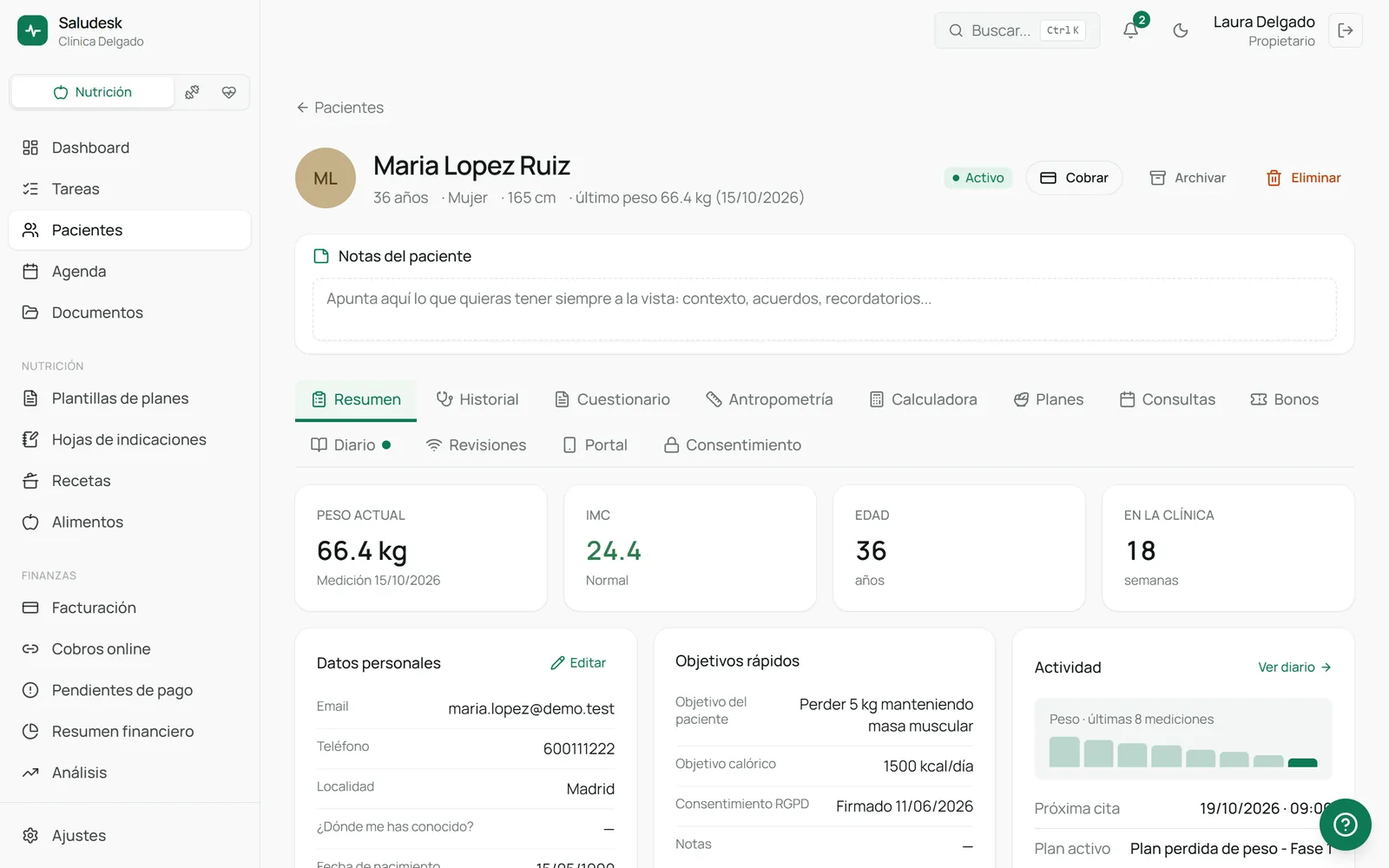 Ficha de un paciente de la cuenta demo de Saludesk