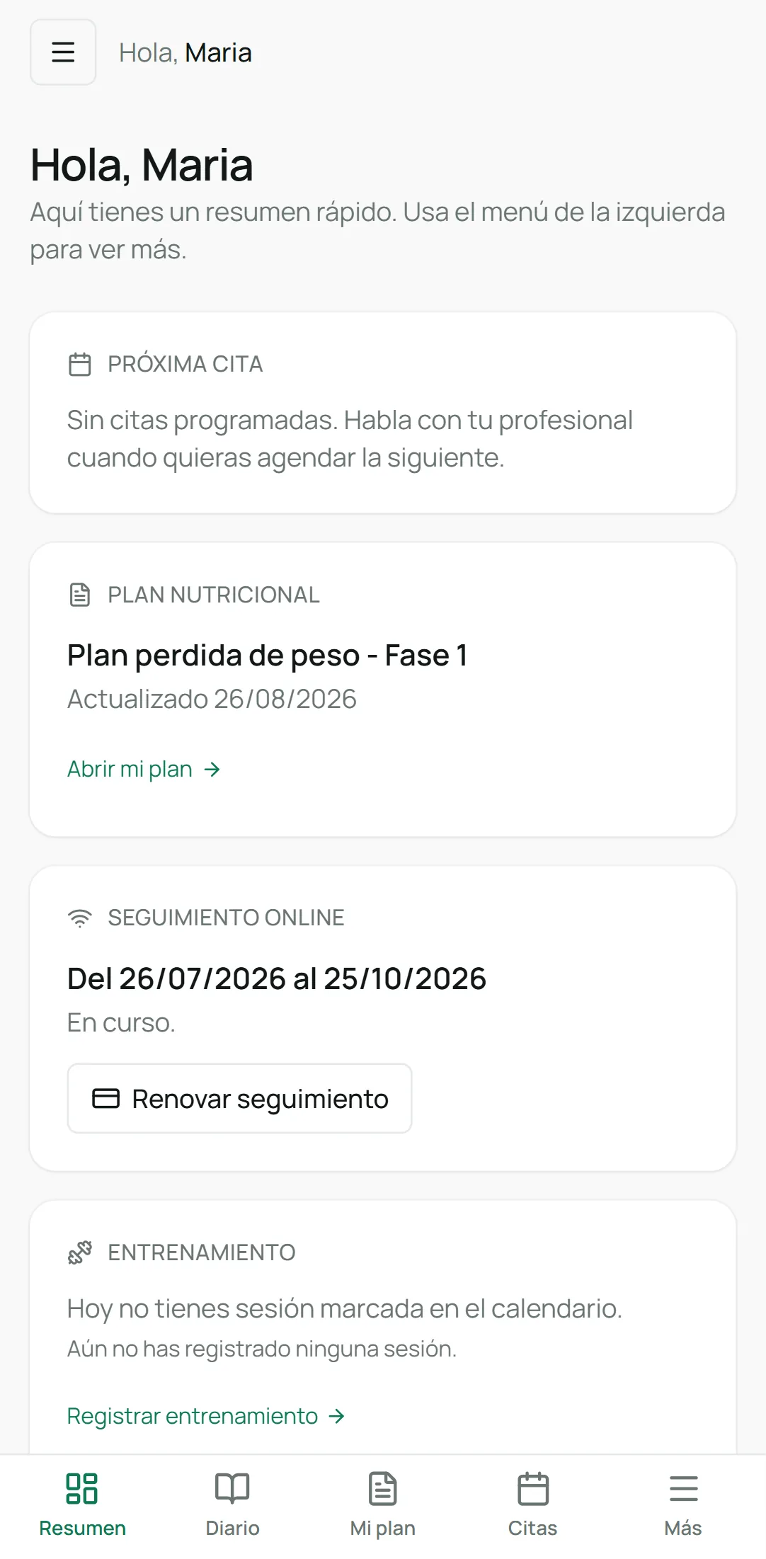 Portal del paciente en el móvil: próxima cita, plan nutricional, seguimiento online en curso y entrenamiento