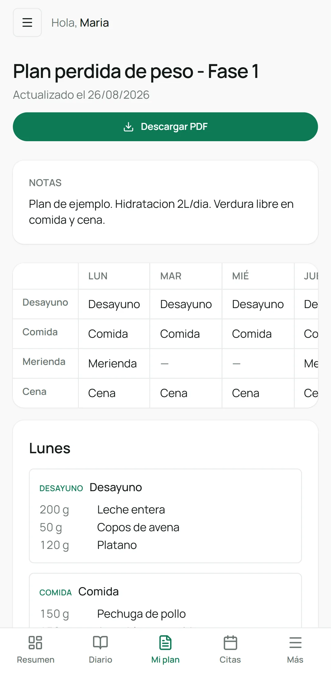 Plan de alimentación en el portal del paciente: botón para descargar el PDF, notas del profesional, cuadro semanal por comidas y detalle del lunes con gramos por alimento