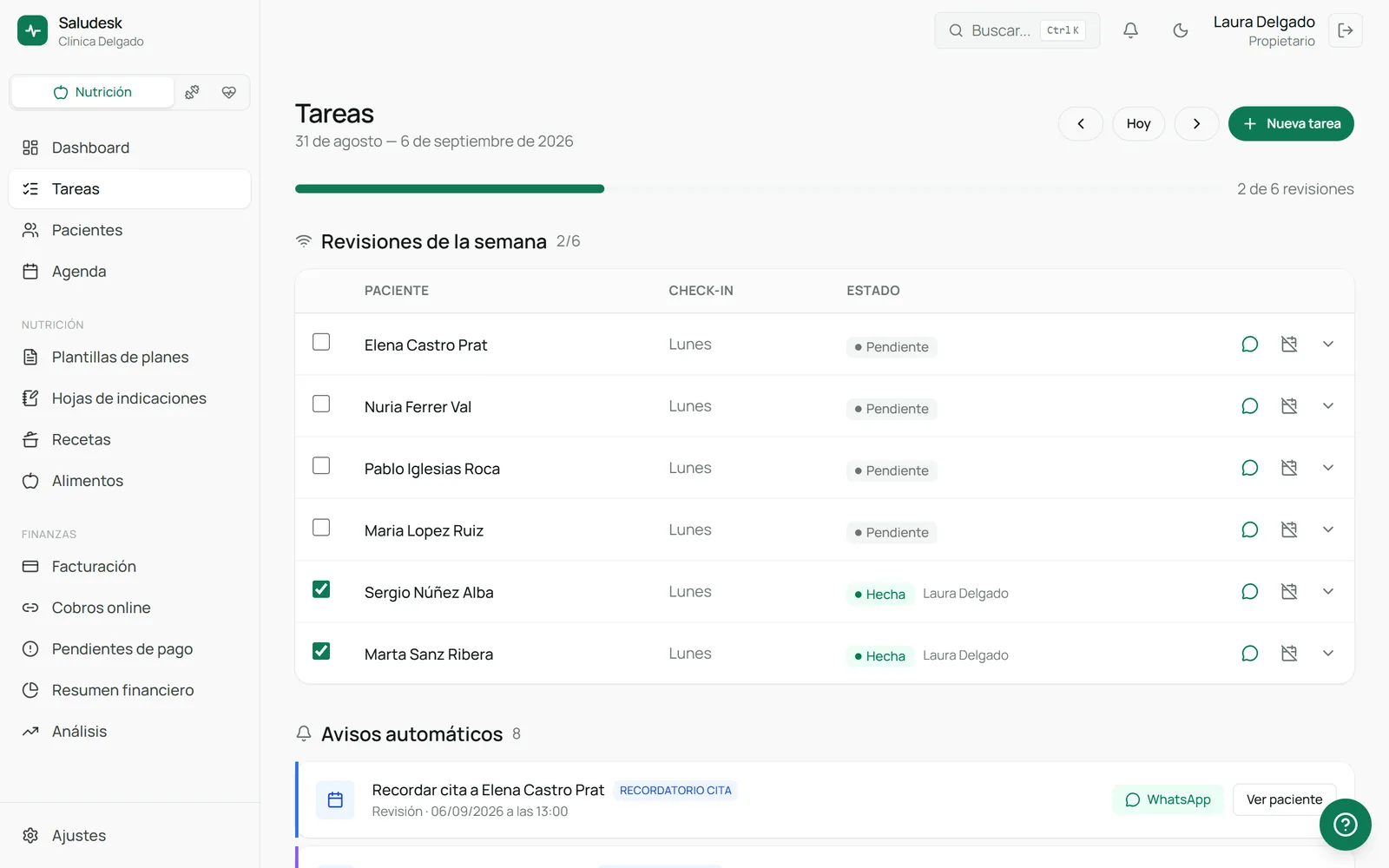 Página de tareas de Saludesk: revisiones de la semana con estado pendiente o hecha por paciente y avisos automáticos de recordatorio de cita